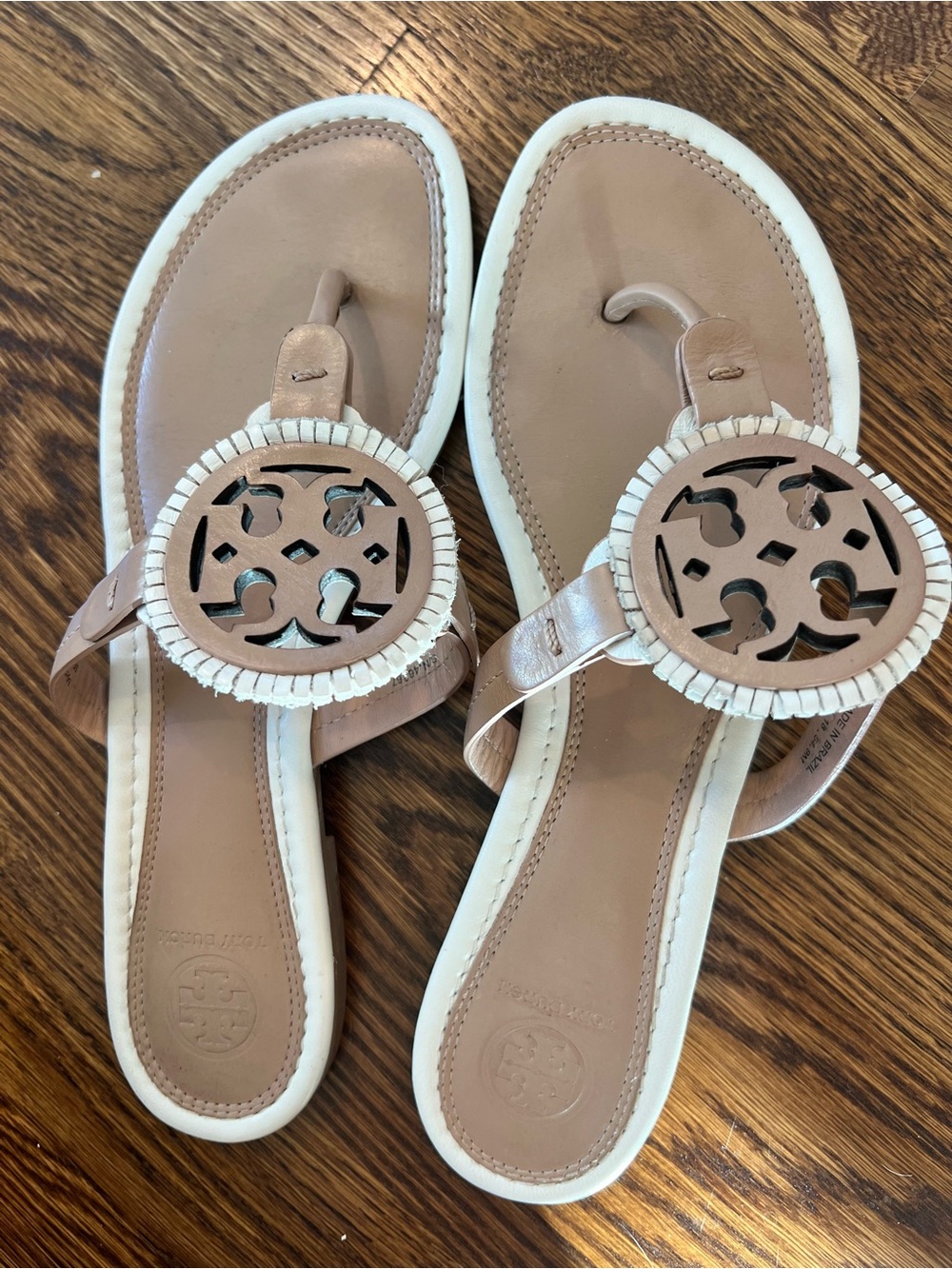 Tory Burch Beige and White Miller Fringe Logo Sandals